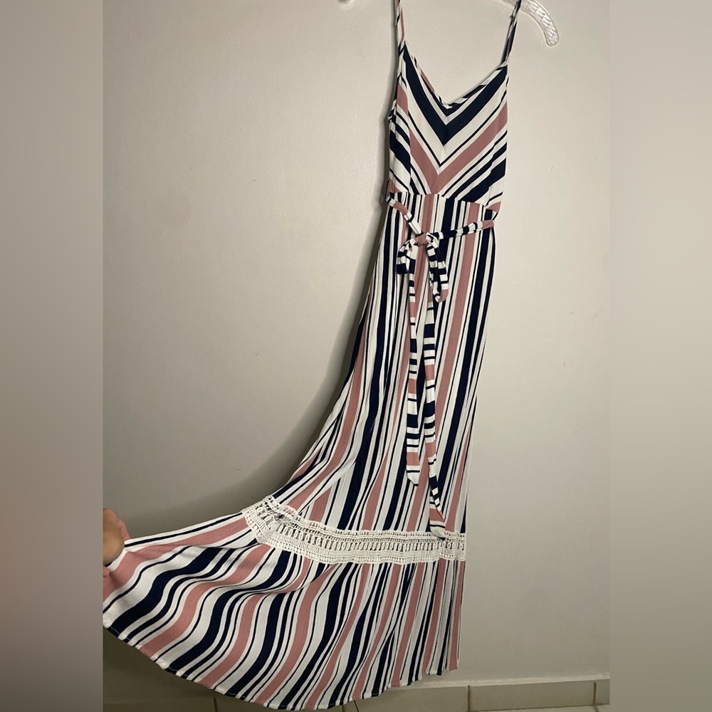 DAVI & DANI Pink and Navy Blue Striped Maxi Dress